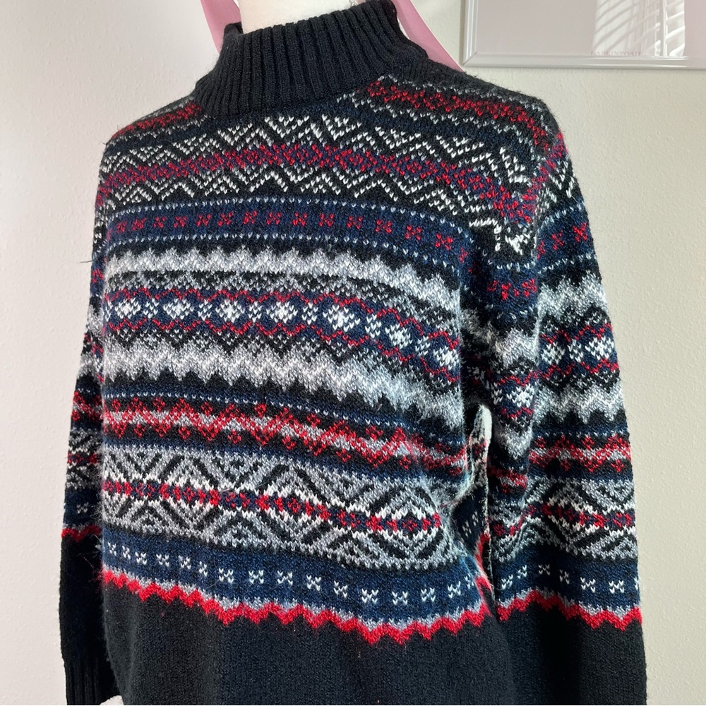 Vintage 90s Fair Isle Black Mock Neck Knit Sweater Acrylic Womens Size Small - Picture 3 of 6